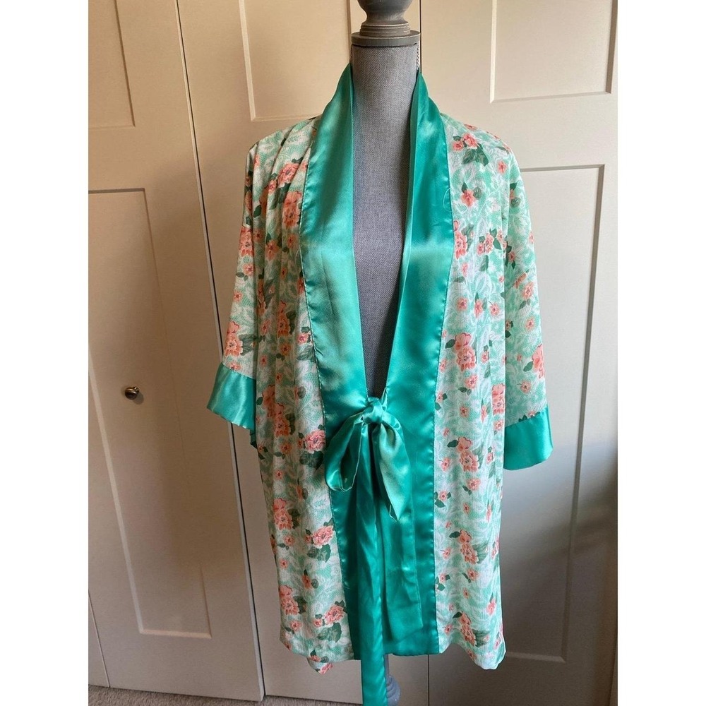 Victoria's Secret Robe OSFM Floral Silky Tie Waste Kimono Gold Label Vtg s5